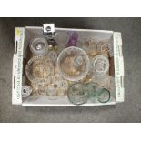 A TRAY IF MOSTLY CUT GLASS TO INCLUDE CAITHNESS VASES' CANDLESTICKS ETC.