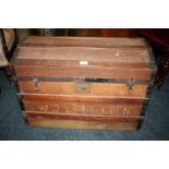 A VINTAGE DOMED AND BANDED PACKING TRUNK W-77 CM