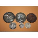 A SMALL QUANTITY OF COINAGE TO INC VICTORIAN 1887 CROWN' 1845 CROWN' 1806 GEORGE III PENNY ETC (6)
