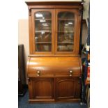 AN ANTIQUE MAHOGANY GLAZED CYLINDER BUREAU BOOKCASE H-225 CM W-122 CM