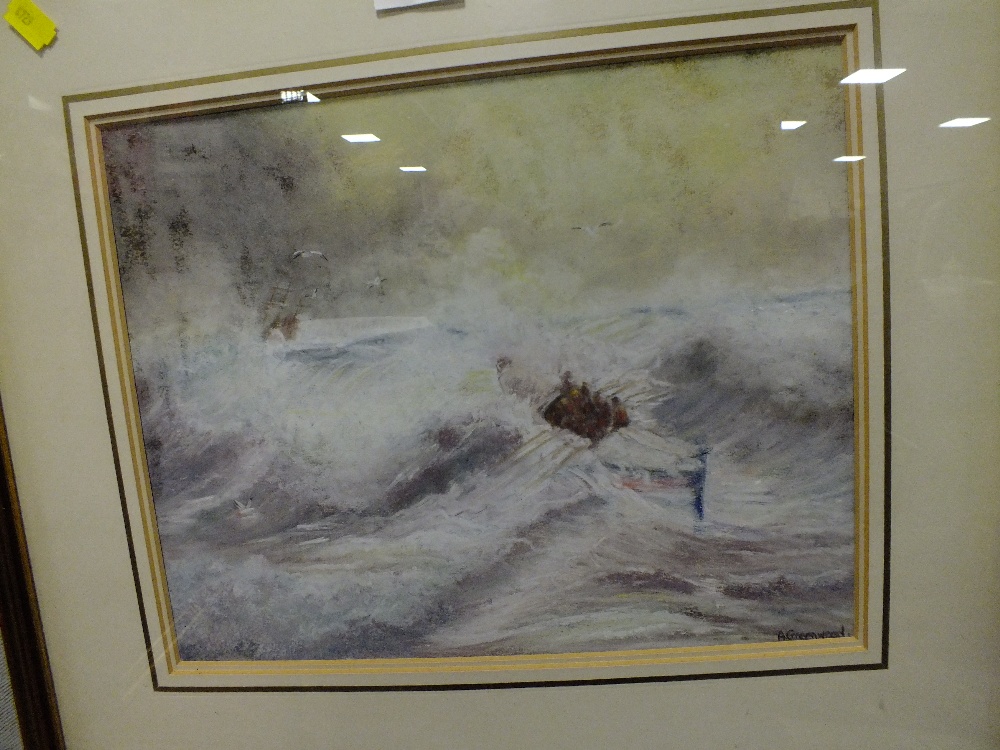 A. GREENWOOD - A FRAMED AND GLAZED IMPRESSIONIST WATERCOLOUR DEPICTING A SEASCAPE WITH ROWING BOAT - Image 2 of 3