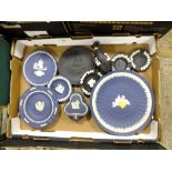 A BOX OF WEDGWOOD DARK BLUE AND BLACK JASPERWARE