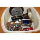 A BOX OF COLLECTABLES TO INC SILVER CUFFLINKS' WRISTWATCHES' BAROMETER ETC