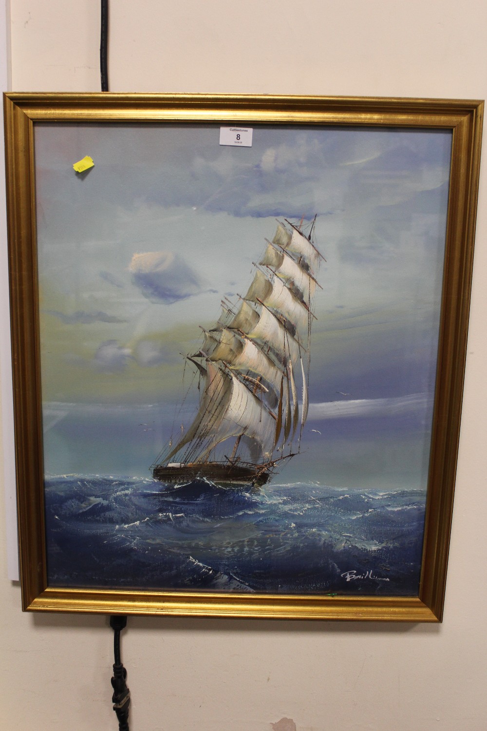 BAILLE - A GILT FRAMED AND GLAZED OIL BOARD DEPICTING A SHIP AT SEA SIGNED LOWER RIGHT OVERALL - Image 3 of 3