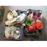 THREE TRAYS OF ASSORTED CERAMICS TO INCLUDE A ROYAL DOULTON MONACO TEAPOT' ENAMELLED ITEMS ETC.