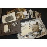 A QUANTITY OF ANTIQUE BLACK & WHITE PHOTOGRAPHS TO INC MILITARY EXAMPLES' POSTCARDS' ETC