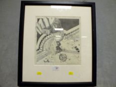 A FRAMED AND GLAZED 1973 SIGNED PRINT OF A STATUE FROM A BIRDS EYE VIEW BY KLAUS VOORMANN (SEE