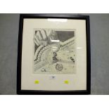 A FRAMED AND GLAZED 1973 SIGNED PRINT OF A STATUE FROM A BIRDS EYE VIEW BY KLAUS VOORMANN (SEE