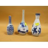 TWO ORIENTAL BLUE & WHITE CERAMIC BUD VASES TOGETHER WITH ANOTHER WITH FOUR CHARACTER BACK STAMP
