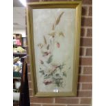 A VICTORIAN FLORAL PAINTING ON MILK GLASS' TOGETHER WITH A PORTRAIT PRINT OF A GENTLEMAN' AND A GILT