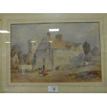 A PAIR OF VINTAGE GILT FRAMED AND GLAZED WATERCOLOURS DEPICTING FIGURES BESIDE BUILDINGS OVERALL