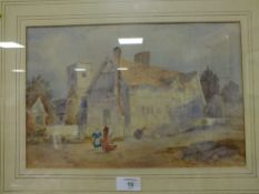 A PAIR OF VINTAGE GILT FRAMED AND GLAZED WATERCOLOURS DEPICTING FIGURES BESIDE BUILDINGS OVERALL