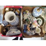 TWO TRAYS OF ASSORTED CERAMICS TO INCLUDE ,PANDA, VASES AND A BOWL' BLUE AND WHITE LAMP ETC.