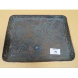 AN ORIENTAL BRONZE EFFECT TRAY WITH EMBOSSED FIGURATIVE DETAL 25CM X 20CM