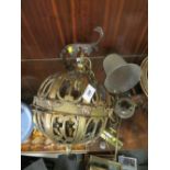 AN ORNATE PIERCED BRASS SPHERICAL CEILING LIGHT FITTING TOGETHER WITH ANOTHER