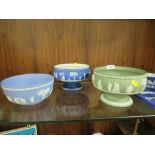 A WEDGWOOD BLUE DIP JASPERWARE FOOTED IMPERIAL BOWL TOGETHER WITH A GREEN EXAMPLE & BLUE FRUIT