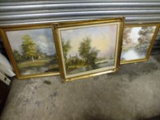 THREE GILT FRAMED OIL ON CANVASES DEPICTING RIVER SCENES