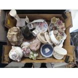 A SMALL TRAY OF CERAMICS ETC. TO INCLUDE AYNSLEY' WEDGWOOD ETC.