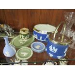A COLLECTION OF WEDGWOOD JASPERWARE ETC. TO INCLUDE A BLUE DIP FRUIT BOWL WITH SILVER PLATED RIM'