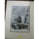 A FRAMED & GLAZED VINTAGE PRINT ENTITLED A DOG NOVEL TOGETHER WITH A COLLECTION OF FIVE PRINTS TO