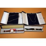 TWO CULTURED PEARL NECKLACES' ONE ON 9CT GOLD CLASP TOGETHER WITH THREE WRISTWATCHES