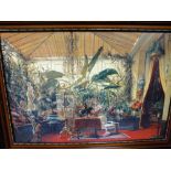 A LARGE MAHOGANY FRAMED PRINT ENTITLED ,CONSERVATORY, OVERALL SIZE INCLUDING FRAME - 116.5CM X