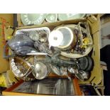 A BOX OF ASSORTED SILVER PLATE AND METALWARE ETC