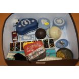 A BOX OF COLLECTABLES TO INC WEDGWOOD JASPERWARE TRINKET POT' VINTAGE HAND STITCHED BALL ETC