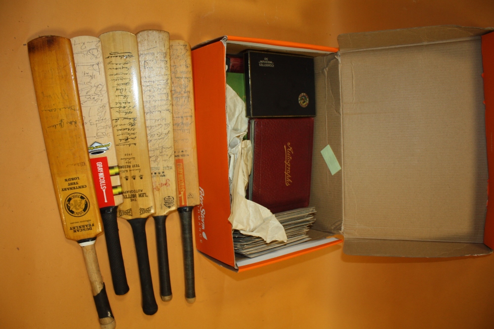 A BOX OF EPHEMERA ETC TO INCLUDE STAMPS, POSTCARDS AND AUTOGRAPHS, SIGNED CRICKET BATS ETC