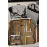 THREE BIKE MOUNTABLE BAG CARRIER ATTACHMENT BRACKETS PLUS TWO BAGS