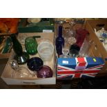 TWO TRAYS OF ASSORTED GLASSWARE TO INCLUDE STUDIO GLASS, DECANTERS ETC