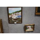 A FRAMED OIL ON BOARD DEPICTING A POLPERRO HARBOUR SCENE SIGNED R. WILKINSON, TOGETHER WITH A