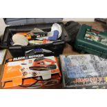 A TOOLBOX AND CONTENTS, TOGETHER WITH A BLACK AND DECKER JIGSAW, CASED BOSCH DRILL AND OTHER BLACK