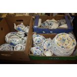 THREE TRAYS OF MASONS REGENCY AND STRATHMORE CHINA TO INCLUDE TEAPOTS, DINING PLATES ETC