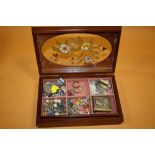 A BOX OF COLLECTABLES AND COSTUME JEWELLERY TO INCLUDE A 9CT GOLD PAIR OF EARRINGS AND LOCKET ON CH