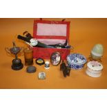 A BOX OF COLLECTABLE TO INCLUDE A MINIATURE GOLFING TROPHY, WRISTWATCHES ETC