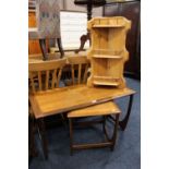 A RETRO TEAK OCCASIONAL TABLE WITH ANOTHER SMALL TABLE AND PINE CORNER UNIT (3)