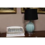 A PAINTED CUTLERY BOX & A LARGE TABLE LAMP (2)