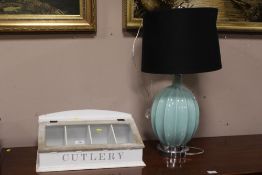 A PAINTED CUTLERY BOX & A LARGE TABLE LAMP (2)