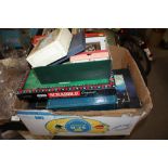 A BOX OF BOARD GAMES, BRIDGE SETS ETC