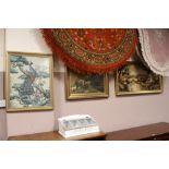 TWO LARGE FRAMED TAPESTRIES AND A FRAMED COUNTRY PRINT (3)