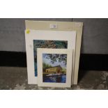 THREE UNFRAMED PICTURES TO INCLUDE A SIGNED PRINT ENTITLED TUSCAN TOWERS