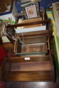 THREE VINTAGE WOODEN BOOK TROUGHS TOGETHER WITH A SMALL BOX OF COLLECTABLES