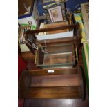 THREE VINTAGE WOODEN BOOK TROUGHS TOGETHER WITH A SMALL BOX OF COLLECTABLES