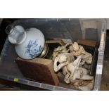 A BOX OF RESIN FIGURES, OIL LAMP ETC.