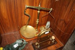 A SET OF BRASS SCALES AND WEIGHTS TOGETHER WITH A BRASS TABLE GONG