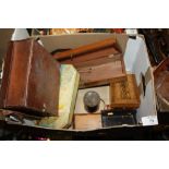 A COLLECTION OF ANTIQUE BOXES TO INCLUDE A LEATHER HANDKERCHIEF BOX, INLAID BRIDGE BOX,