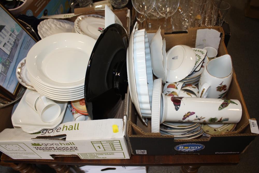 A TRAY OF ROYAL WORCESTER EVESHAM, PORTMEIRION AND AYNSLEY CERAMICS TOGETHER WITH ANOTHER TRAY OF