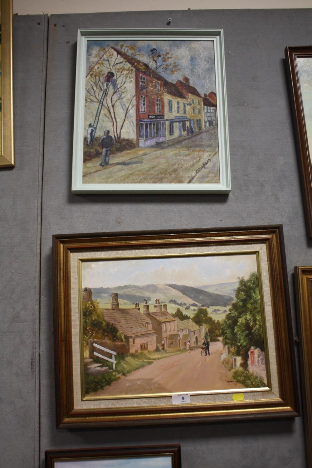 A FRAMED OIL ON CANVAS COUNTRY STREET SCENE SIGNED ARTHUR LOWE, TOGETHER WITH AN OIL ON BOARD STREET