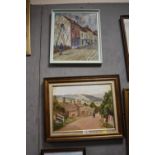A FRAMED OIL ON CANVAS COUNTRY STREET SCENE SIGNED ARTHUR LOWE, TOGETHER WITH AN OIL ON BOARD STREET